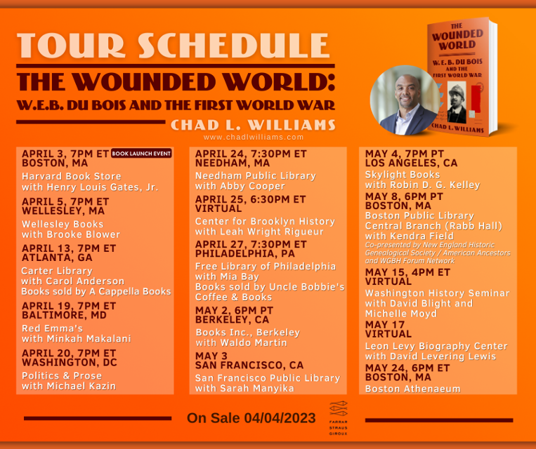 Orange poster with brown and white text with the locations of the book tour stops 