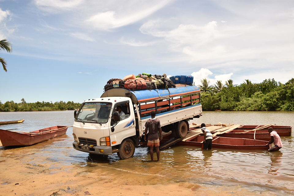 truck crossing water in Madagascar