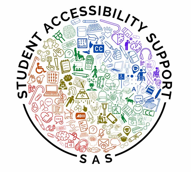 The words Student Accessibility Support surround objects, all outlined in different colors