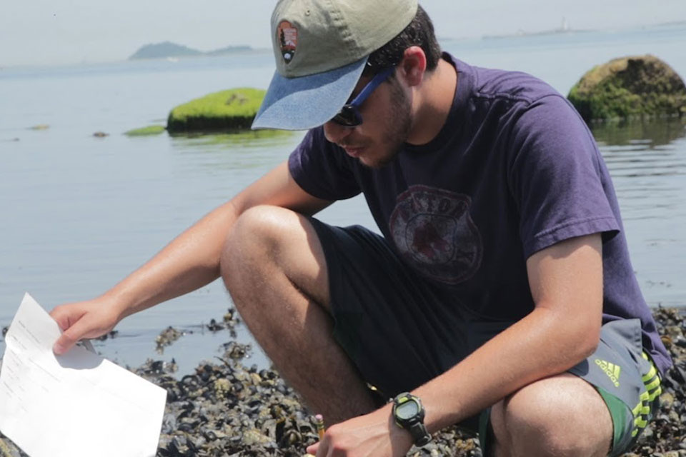 A student looks down at a piece of paper while exploring the shoreline