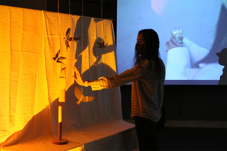 person in front of a silhouette of shadow puppets on a screen