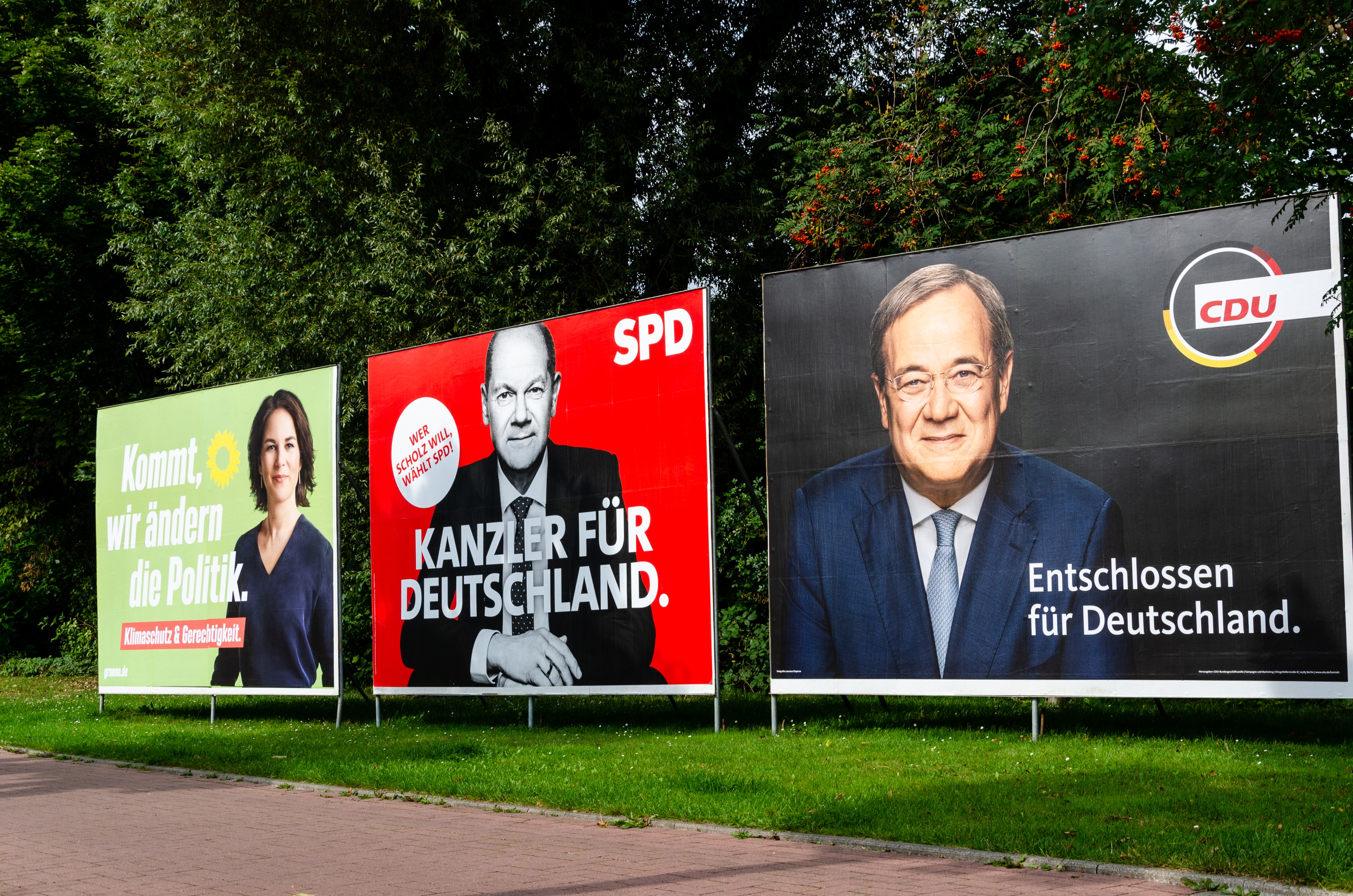 Soest, Germany - September 12, 2021: Election campaign posters of German political parties.