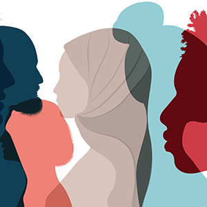 Digital silhouettes of people from varying ethnicity in profiles overlapping each other