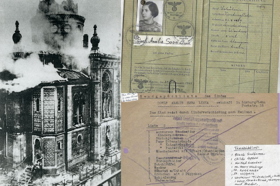 Burning synagogue and German papers