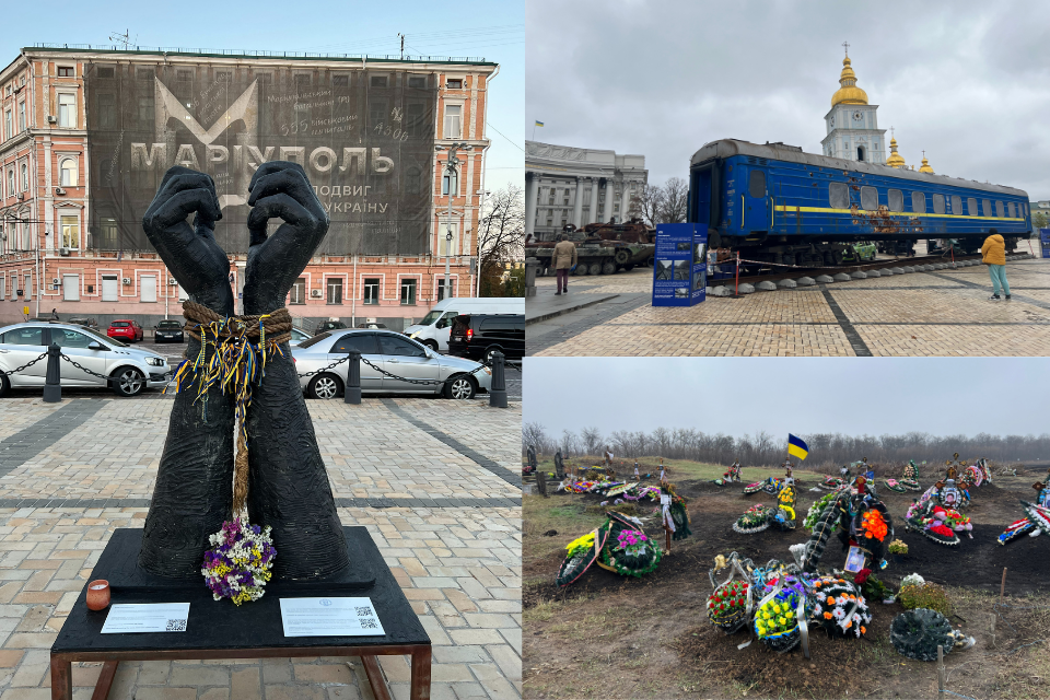 collage of pictures from Ukraine with blue and yellow items