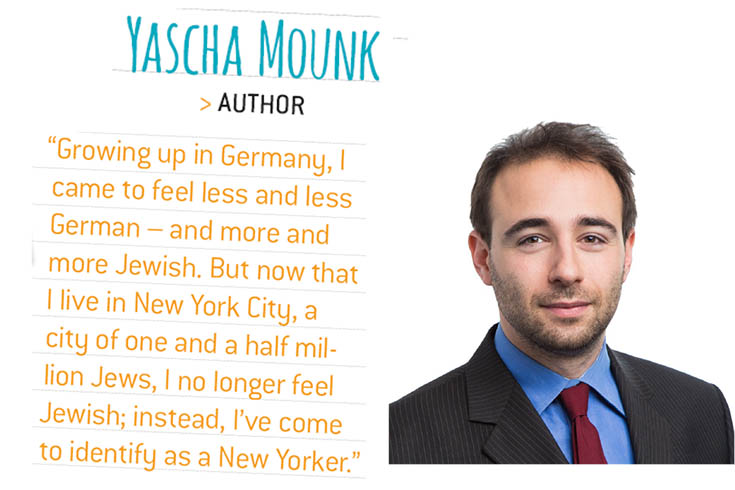 A small section of the event poster with a picture of Yascha Mounk and a quote of his, which reads: "Growing up in Germany, I came to feel less and less German -- and more and more Jewish. But now that I live in New York City, a city of one and a half million Jewis, I no longer feel Jewish; instead I've come to identify as a New Yorker."