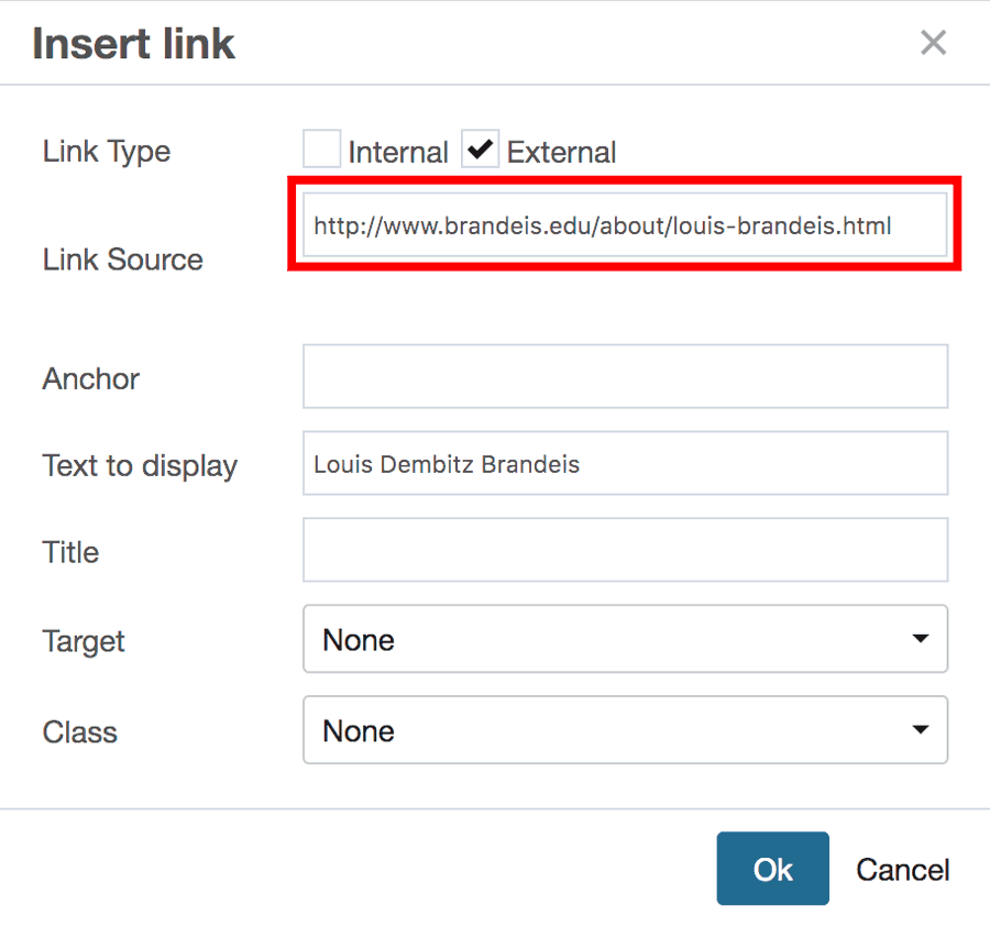 Type the full URL in the external link field