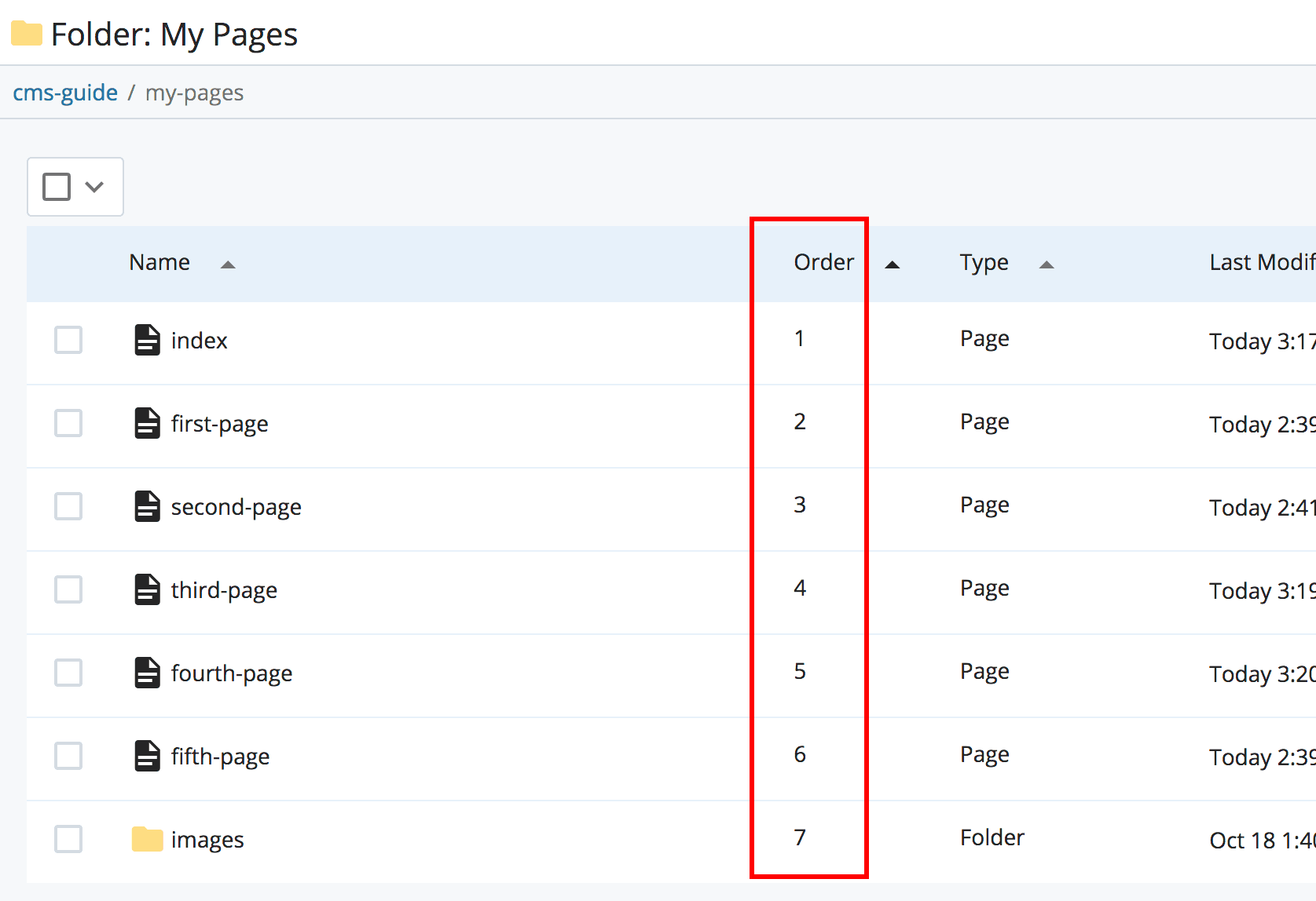 Use the Order column to determine the order of your navigation