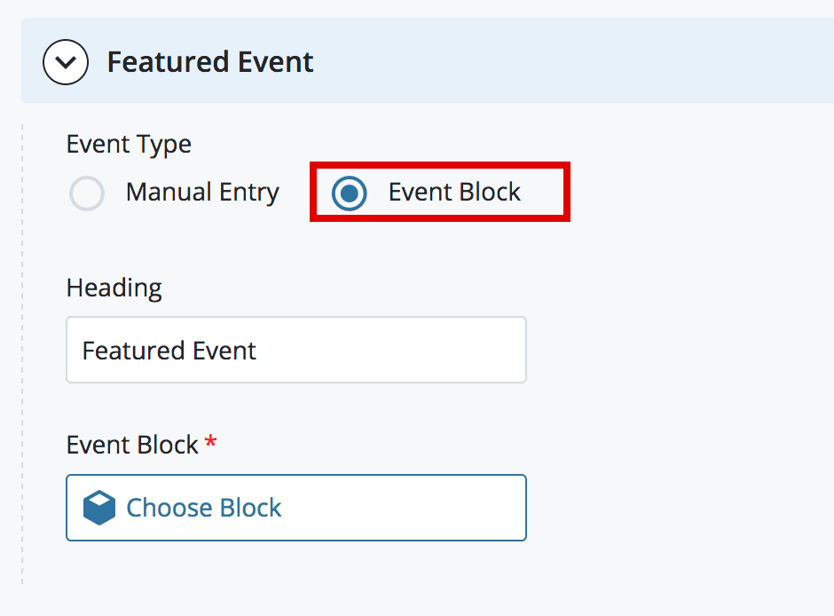 Add your Featured Event using the Event Block
