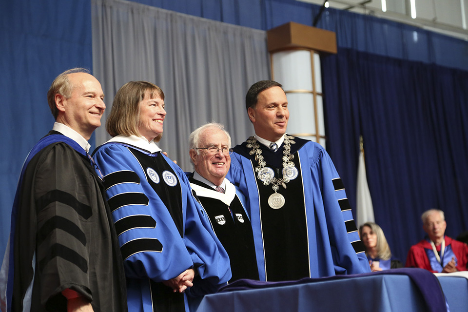 Brandeis Provost and former interim President Lisa M. Lynch, P'17,Maurice B. Hexter Professor of Social and Economic Policy, is awarded an honorary degree in humane letters. From left to right: Chair of the Board of Trustees Larry Kanarek '76; Lynch; Sol C. Chaikin Professor of National Health Policy Stuart Altman; President Ron Liebowitz.