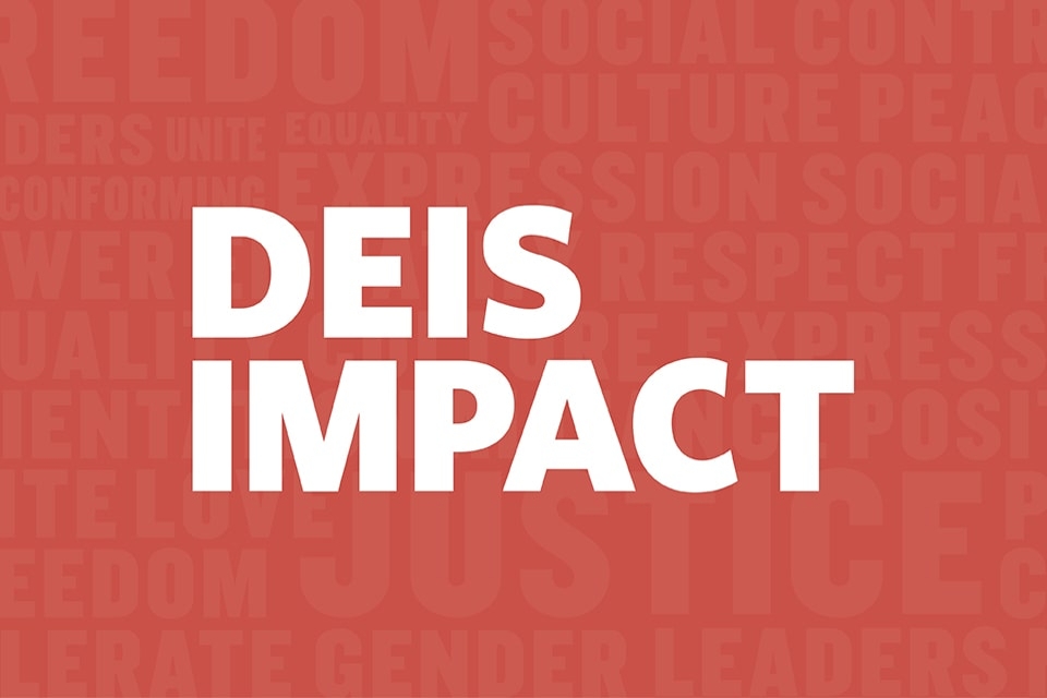 The words Deis Impact are printed in front of a red backdrop