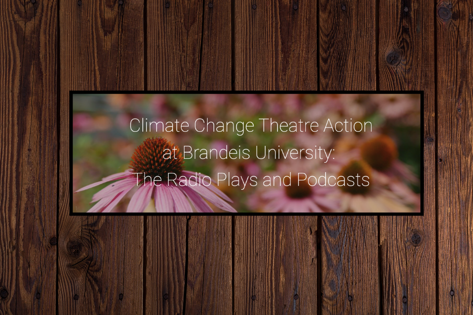wood panel background with text in center that says "Climate Change Theater Action at Brandeis University: The Plays and Podcasts" and has a flower photo beside it