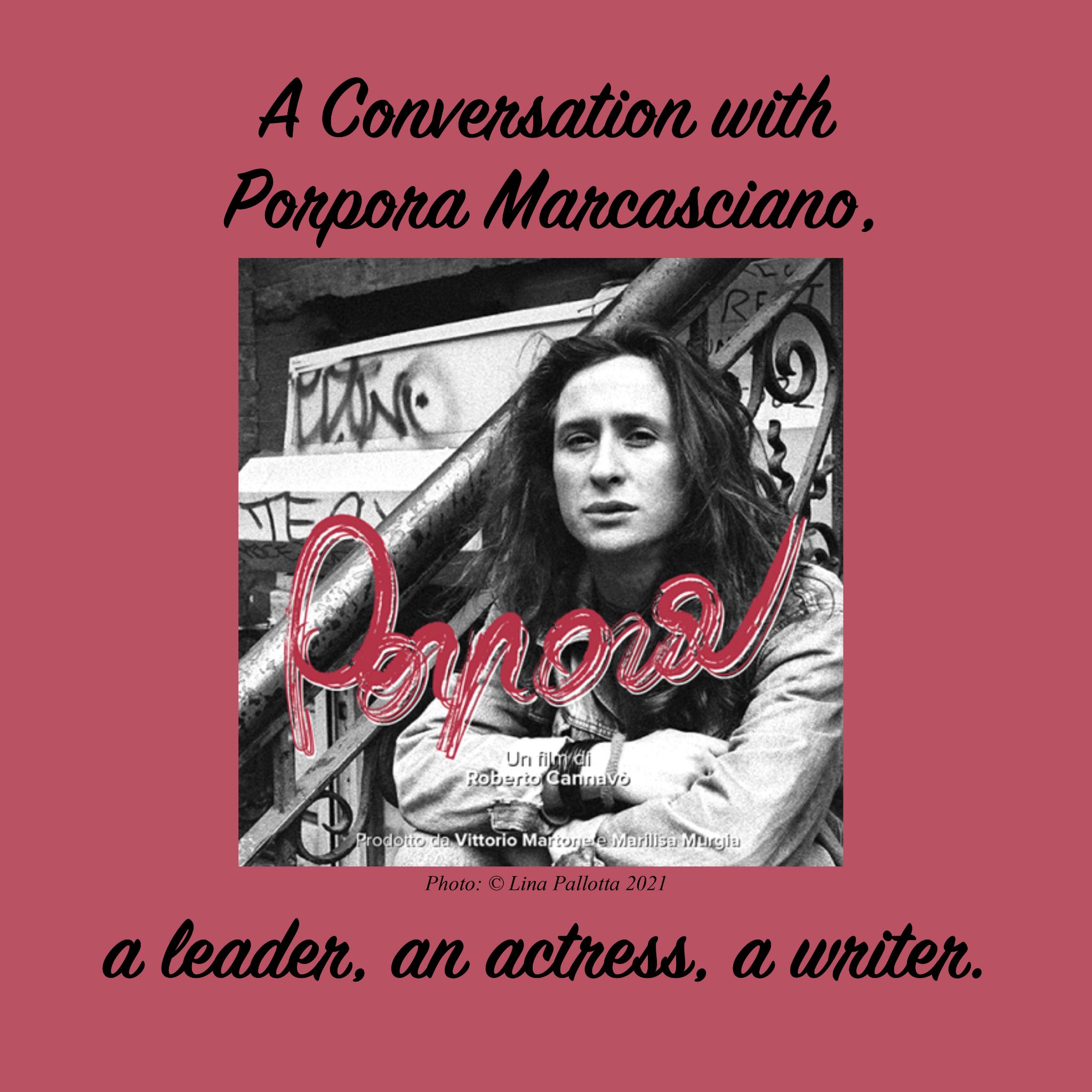 Event flyer featuring an image of Porpora Marcasiano looking off-camera in black and white.