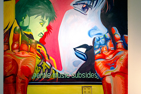 A three-foot tall by four-foot wide colorful anime pop style painting that uses mostly primary colors with high hues. The imagery plays with space by showing a painting hanging on the wall with hands from a viewer penetrating its surface and mixing with the painted painting’s imagery.