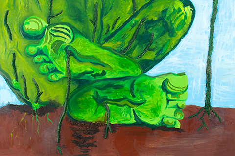 Pictured is a large rectangle-shaped canvas with a large green lower body shape sitting with its large green feet in front of it crossed. The green brushstrokes contain a large amount of movement. The figure is sitting on the brown dirt, against the light blue streaky background. Within the figure, the 3D element of paper pulp runs through the figure into the ground-like roots.