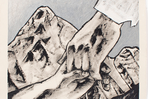 In the center of the painting, there are a pair of hands grasping each other gently. Behind the hands is a mountain with one large peak on the left and a smaller peak on the right. The sky is shaded with blue and gray colored pencils. The mountain and the hands are both shaded with black acrylic paint.