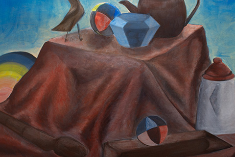 painting of a still life; miscellaneous objects on a brownish/red cloth on a blue background