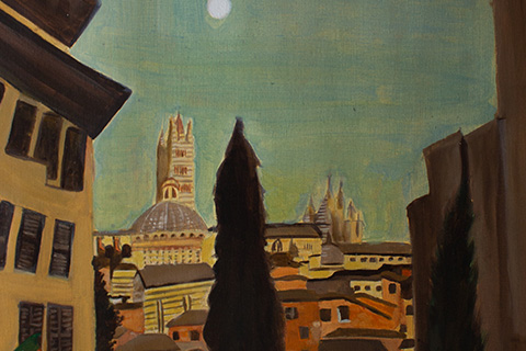 painting of a shadowed tree in the center with buildings and light night sky in the background