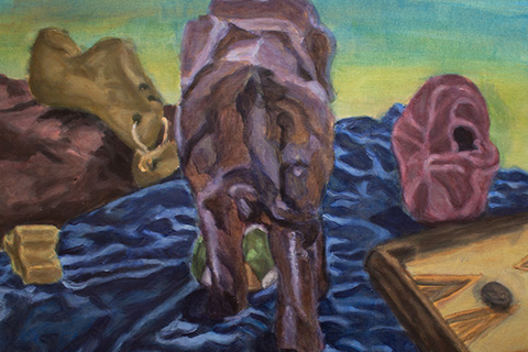 painting of a still-life containing the back of an elephant-looking creature on blue fabric with other still-life items to either side