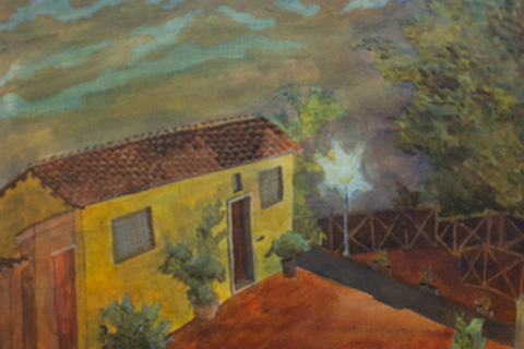 painting of a yellow house with a blurry night sky in the background