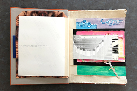 The back of Richard’s page shows the image was printed on photography paper.  The fifth page is artist Sonia Almeida. The is another horizontal page. The imagery is a printer copy of multiple Internet Explorer launch pages stacked on top of one another nearly covering the one before it. The repeating internet pages give a frantic feeling of trying to get something to work. To the right of this image under the page is a sliver of a hand-cut print. The imagery of the print can’t entirely be made out but we know its lines are of a different quality and therefore feel in contrast to the top page.