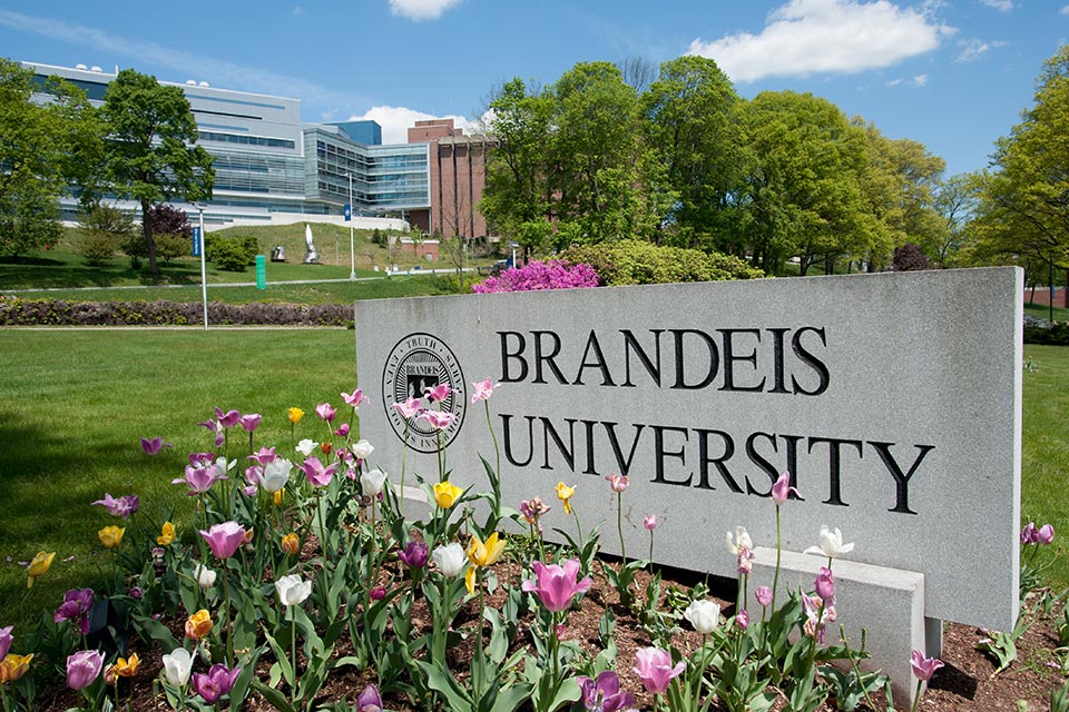 Brandeis University sign at the entrance to campus