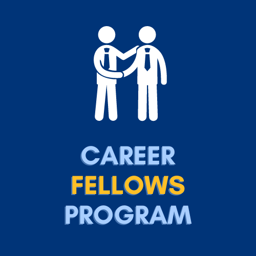 Two stick figures wearing ties shaking hands. Under them the words CAREER FELLOWS PROGRAM
