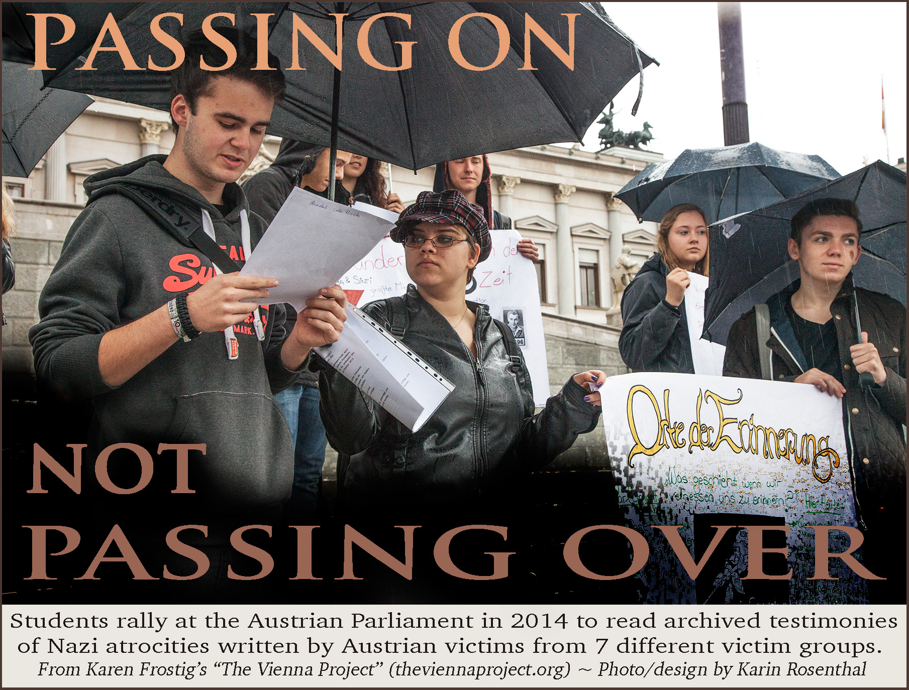 Students standing in front of the Austrian Parliament in the rain, several holding umbrellas, reading from papers