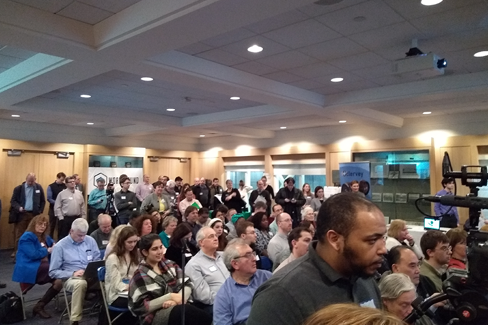 A standing-room-only crowd gathered to see Brandeis startups pitch