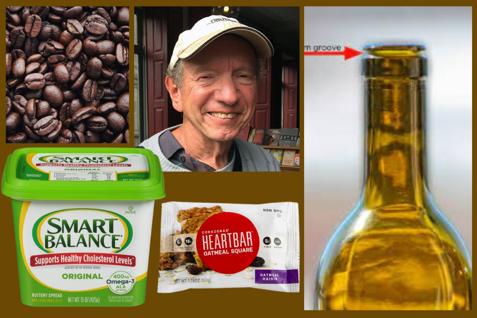 photo of smart balance margarine, wine bottle, and corazonas health bars