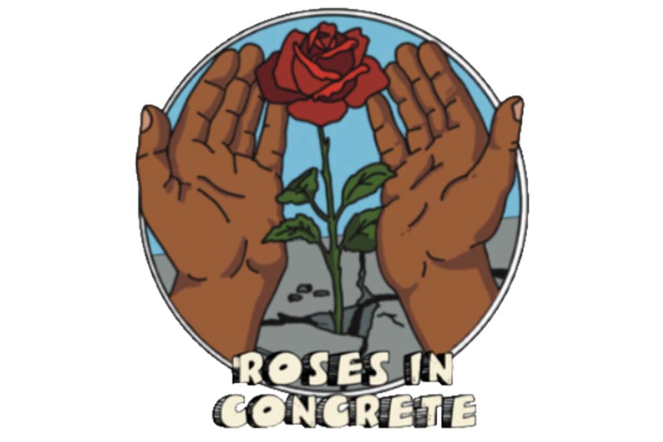 Two hands cupping a red rose. Text reads: Roses in Concrete