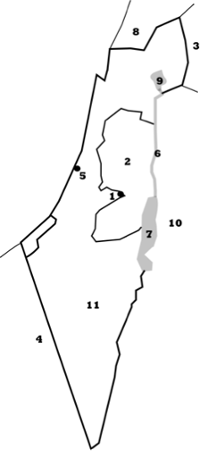 Map of Israel and region, with numbers marking different areas