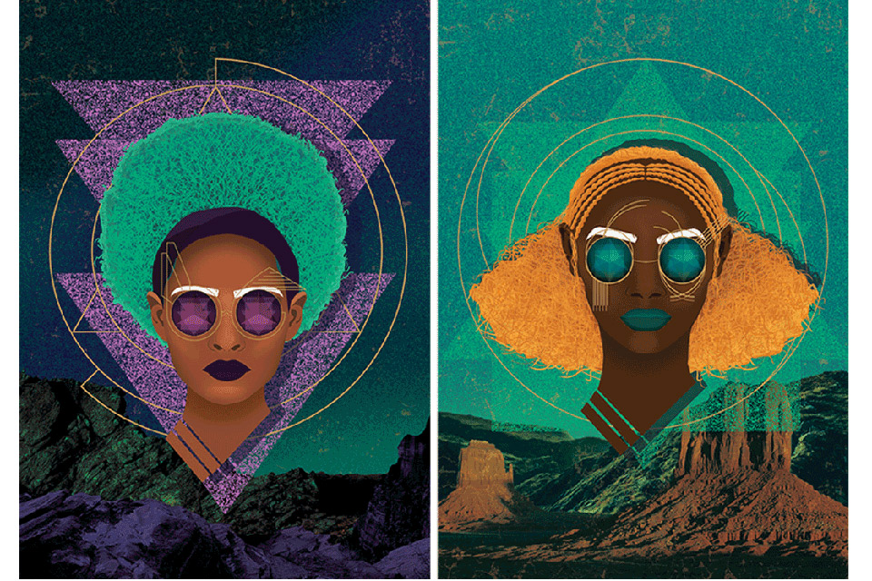Abstract graphic depicting two, futuristic heads floating in strange landsacapes, in bold shades of purple, green and yellow