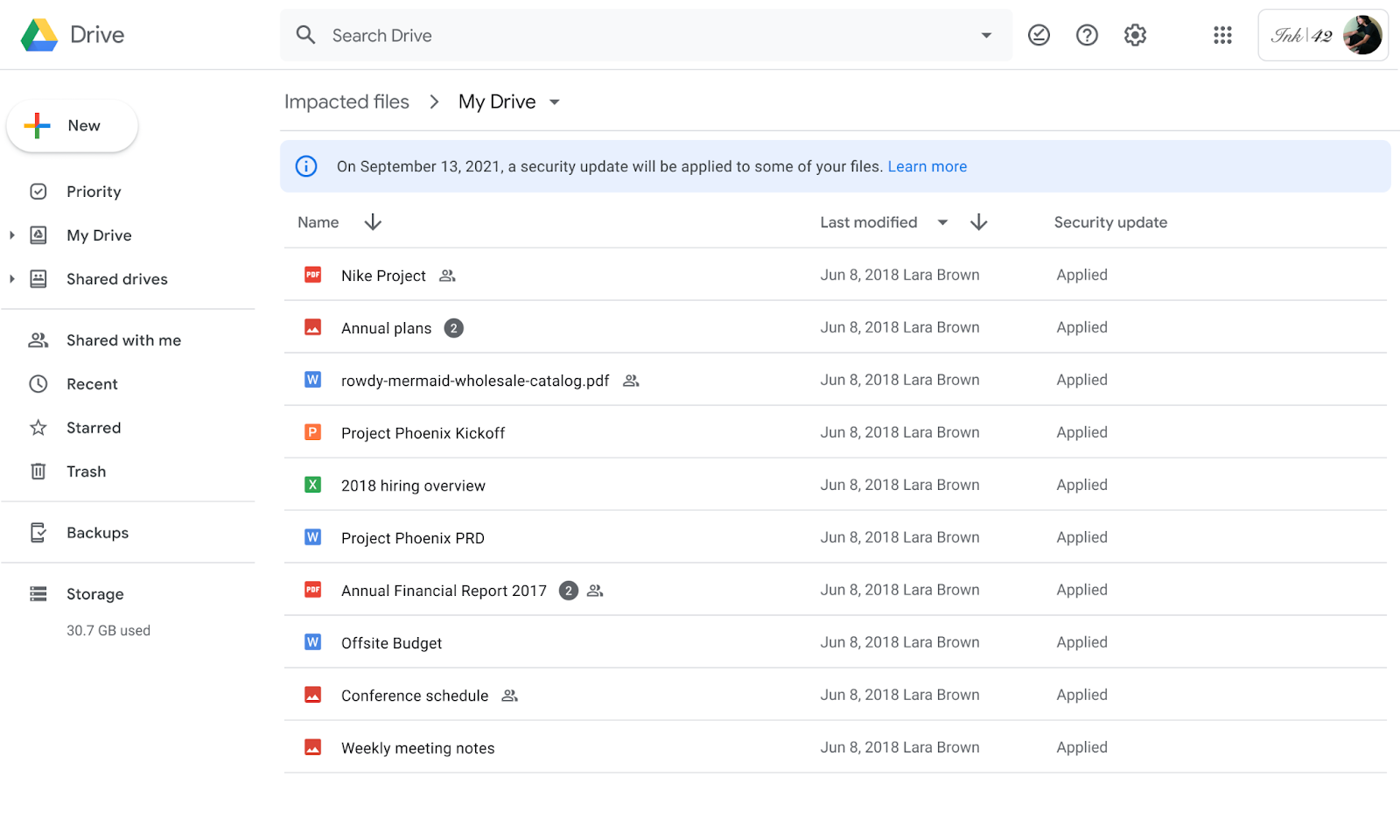 Example of Google Drive files impacted by summer 2021 security update