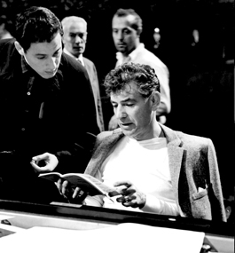 Author Gottlieb (left) and mentor Leonard Bernstein go over last-minute details at Italy's Teatro La Fenice in September 1959.