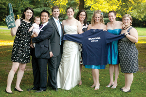 (from left): Rachel Lebwohl Oh ’04 and Ben Oh ’04, Justin, Michele, Kate Grunin ’02, Liz Kurs ’02, Debbie Ehrlich ’02 and Suzy Stone ’02.