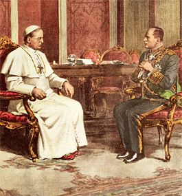 WILLING PARTNERS: Mussolini meets with Pius XI in the pope's study in 1932.