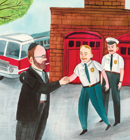 Illustration of a man wearing a yarmulke being greeted by two firefighters