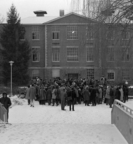RIPPLE EFFECT: Students gather outside Ford Hall during the '69 protest