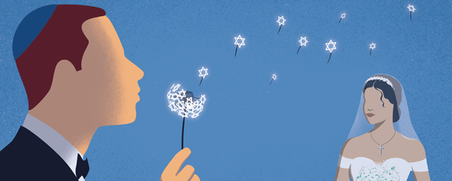 Illustration of a man in formal dress and yarmulke, and a woman in a bridal dress; the man is blowing dandelion seeds shaped like tiny Stars of David into the air.