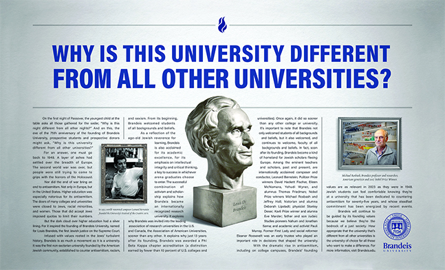 A two-page ad about Brandeis University, with a bust of Louis Brandeis at the center.