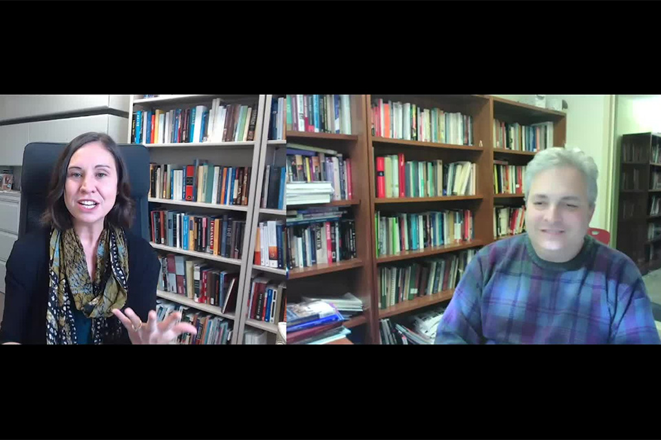 Zoom video window of Jonathan Krasner and Laura Yares