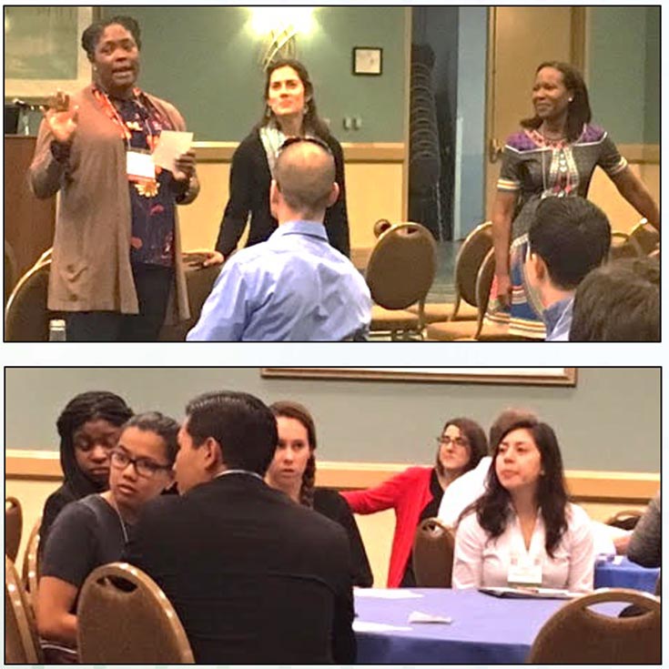Two pictures of participants at the SACNAS National Conference Workshop.  In the upper image, a woman addresses a group of diverse participants.  Below are some of the other participants seated at tables.