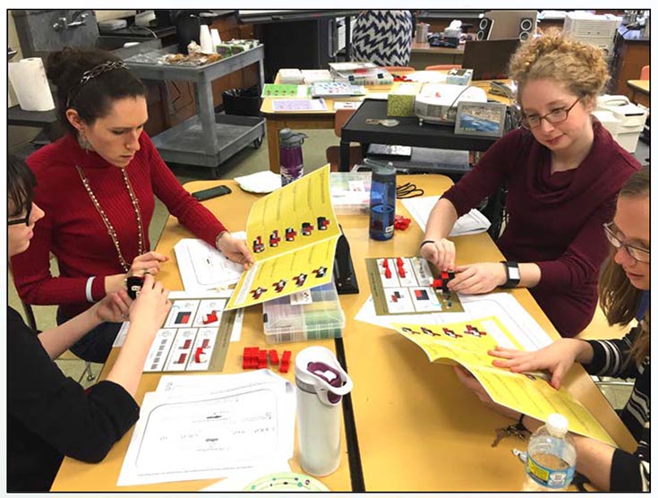 4 Waltham Public School science teachers participating in a workshop. They are seated at a table reviewing educational materials.