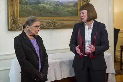 Associate Justice Ruth Bader Ginsberg talks with Interim President Lisa Lynch.