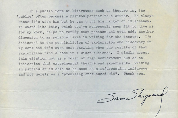 Contents of a letter from Sam Shepard to Brandeis University