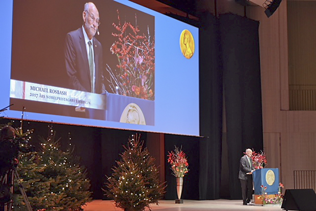 Michael Rosbash, the Peter Gruber Endowed Chair in Neuroscience and professor of biology, giving his lecture for the 2017 Nobel Prize in Physiology or Medicine.
