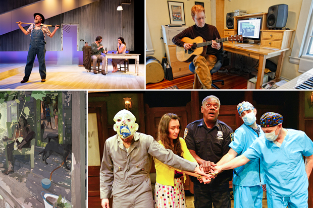 Four images: A scene from Bridges of Madison County; Eric Chasalow; a Susan Lichtman painting, and a scene from the play Bank Job