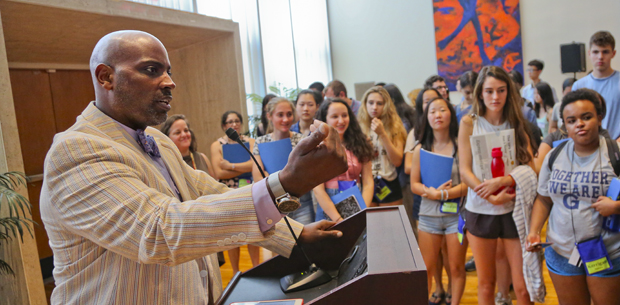 Dean of Students Jamele Adams speaks to a group of high school students in the summer of 2016