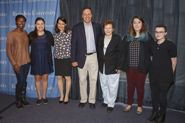 The 2017 Stroum Waltham Scholars with Brandeis President Ron Liebowitz and his wife Jessica Liebowitz